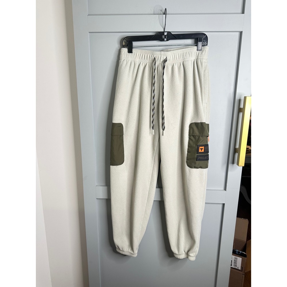 Under Armour Project Rock Mens Fleece Cargo Jogger Pants Cream Olive Large